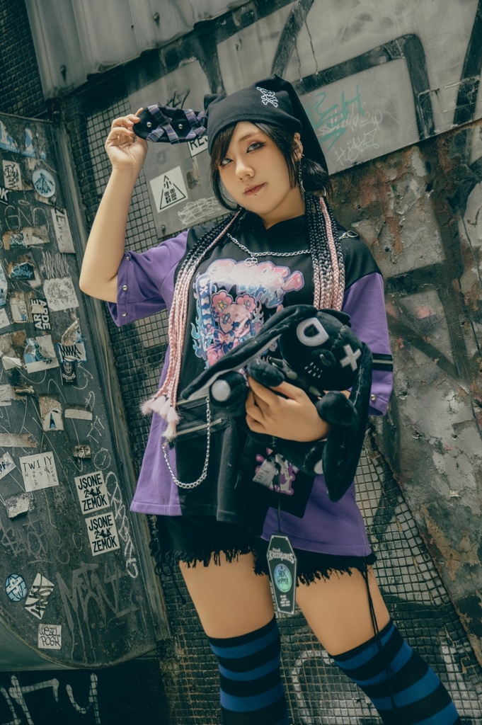 Jillpunk 地雷系 病みかわ 台湾刺青師喃喃コラボ 悪魔の恋人 反対色 熊耳 ゆったり 鎖チェーン付き 半袖 パーカーオリジナル 可愛い おしゃれ ファッション秋葉系萌え ロリータ