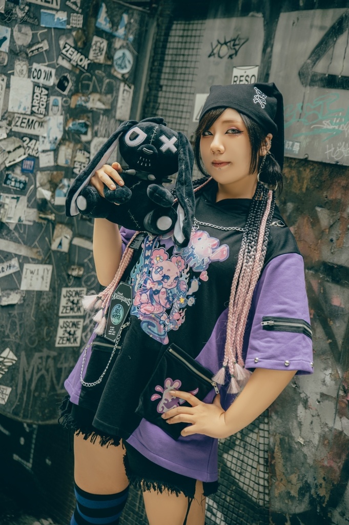 Jillpunk 地雷系 病みかわ 台湾刺青師喃喃コラボ 悪魔の恋人 反対色 熊耳 ゆったり 鎖チェーン付き 半袖 パーカーオリジナル 可愛い おしゃれ ファッション秋葉系萌え ロリータ