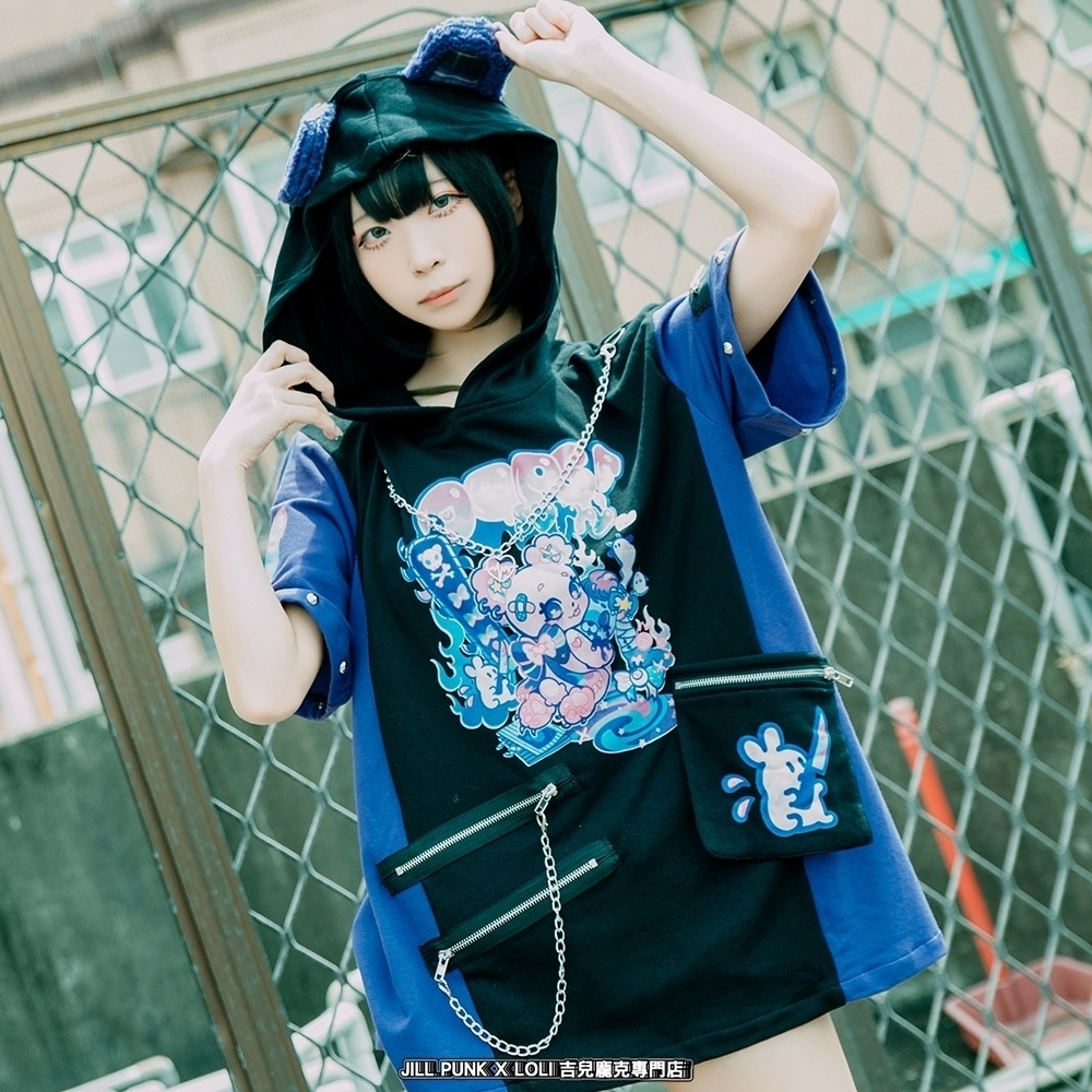 Jillpunk 地雷系 病みかわ 台湾刺青師喃喃コラボ 悪魔の恋人 反対色 熊耳 ゆったり 鎖チェーン付き 半袖 パーカーオリジナル 可愛い おしゃれ ファッション秋葉系萌え ロリータ