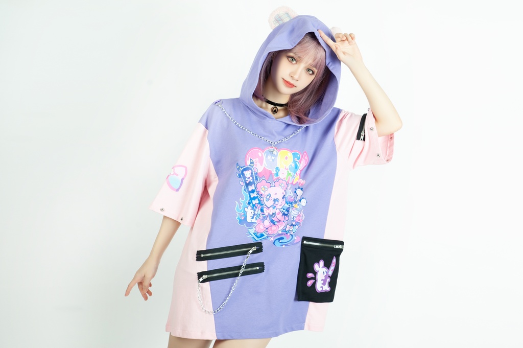 Jillpunk 地雷系 病みかわ 台湾刺青師喃喃コラボ 悪魔の恋人 反対色 熊耳 ゆったり 鎖チェーン付き 半袖 パーカーオリジナル 可愛い おしゃれ ファッション秋葉系萌え ロリータ