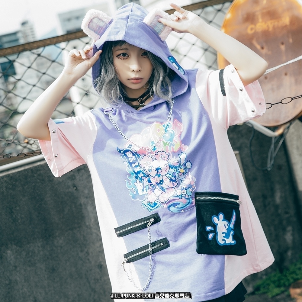 Jillpunk 地雷系 病みかわ 台湾刺青師喃喃コラボ 悪魔の恋人 反対色 熊耳 ゆったり 鎖チェーン付き 半袖 パーカーオリジナル 可愛い おしゃれ ファッション秋葉系萌え ロリータ