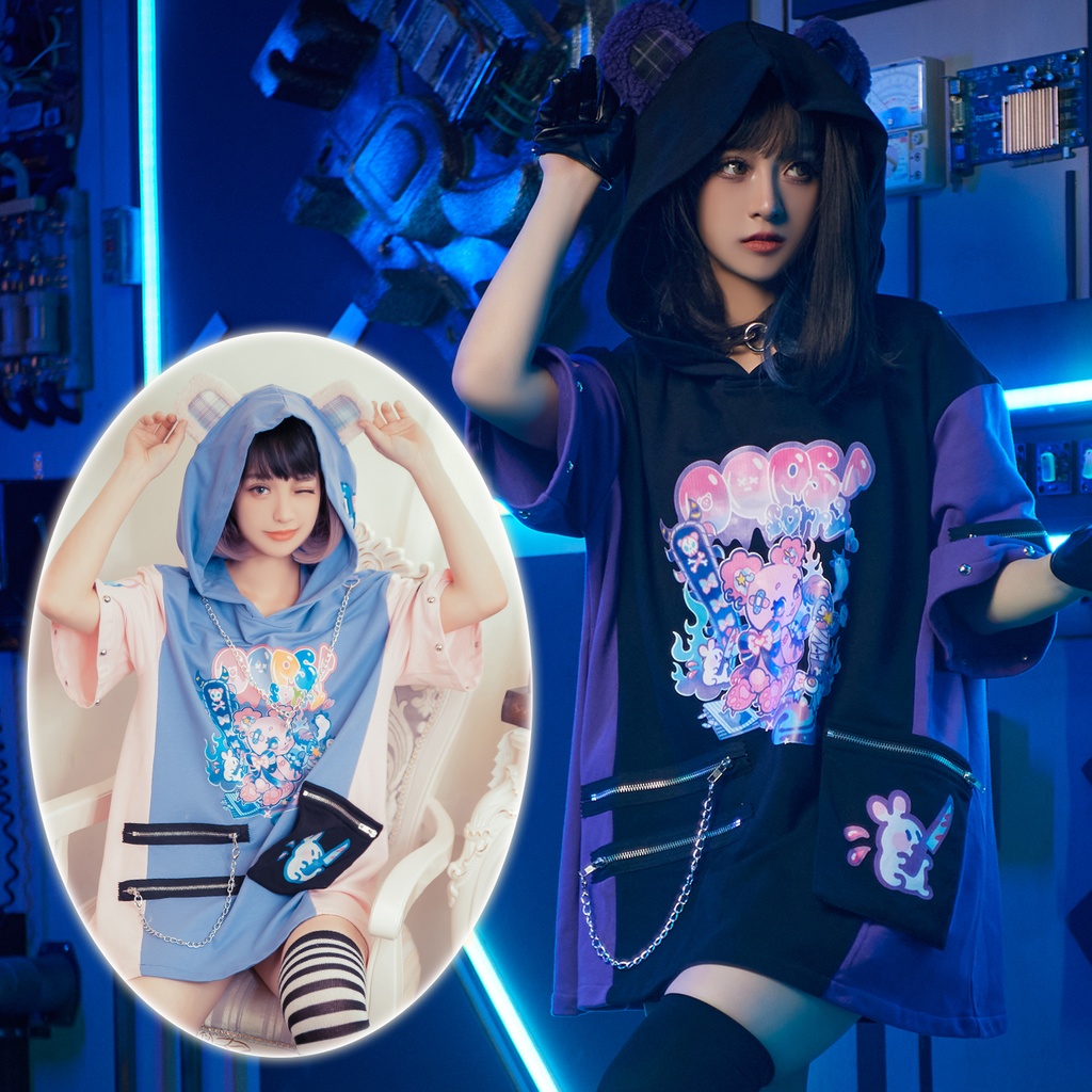 Jillpunk 地雷系 病みかわ 台湾刺青師喃喃コラボ 悪魔の恋人 反対色 熊耳 ゆったり 鎖チェーン付き 半袖 パーカーオリジナル 可愛い おしゃれ ファッション秋葉系萌え ロリータ