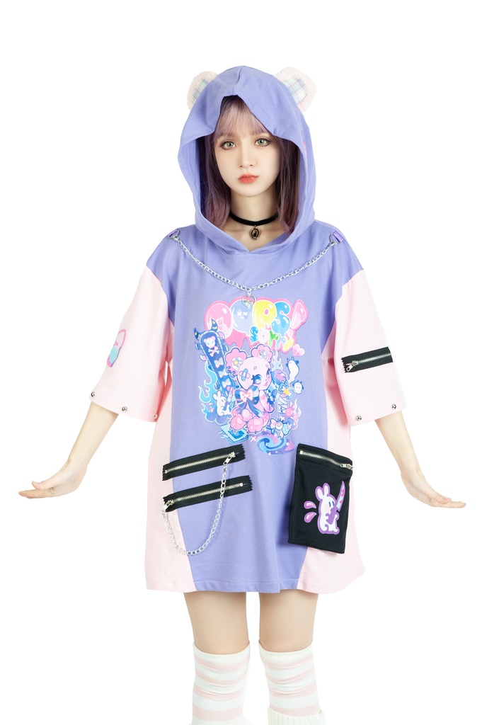 Jillpunk 地雷系 病みかわ 台湾刺青師喃喃コラボ 悪魔の恋人 反対色 熊耳 ゆったり 鎖チェーン付き 半袖 パーカーオリジナル 可愛い おしゃれ ファッション秋葉系萌え ロリータ