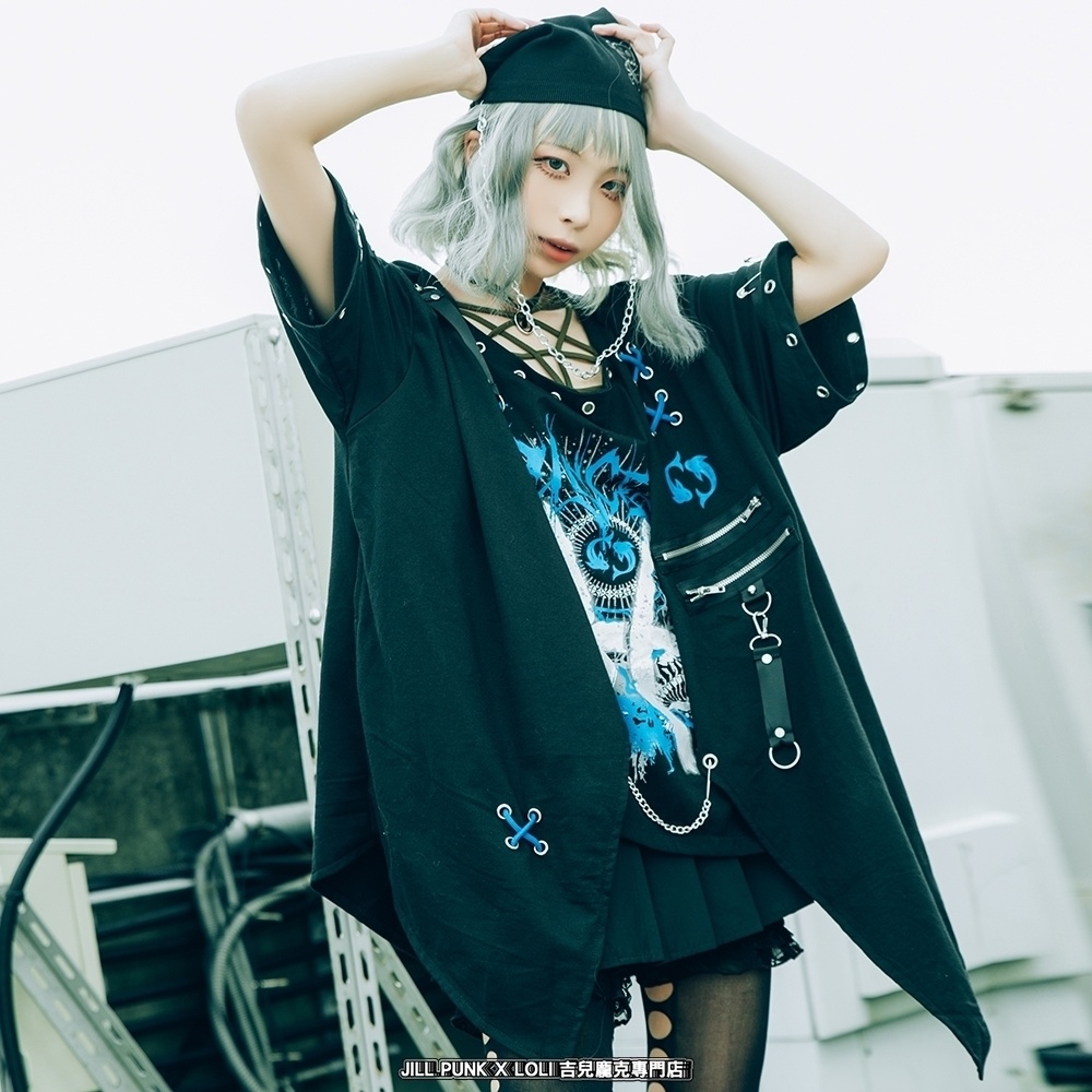 Jillpunkパンクロック エモい 宿命の絆 魚座 重ね着 レースアップ 鎖チェーン 安全ピン付き ゆったり 半袖Tシャツカットソー オリジナル カッコいいメンズ レディー V系 おしゃれ大きいサイズ男女兼用ファッション