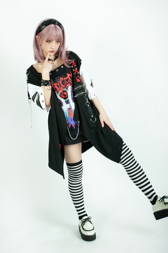 Jillpunkパンクロック エモい 宿命の絆 魚座 重ね着 レースアップ 鎖チェーン 安全ピン付き ゆったり 半袖Tシャツカットソー オリジナル カッコいいメンズ レディー V系 おしゃれ大きいサイズ男女兼用ファッション