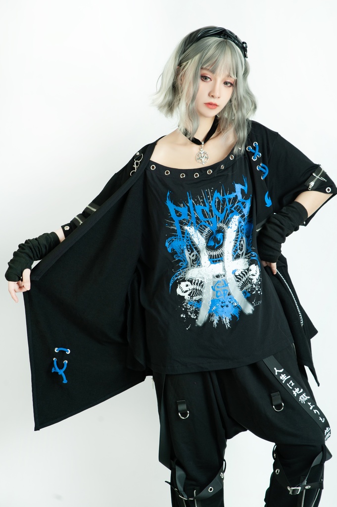 Jillpunkパンクロック エモい 宿命の絆 魚座 重ね着 レースアップ 鎖チェーン 安全ピン付き ゆったり 半袖Tシャツカットソー オリジナル カッコいいメンズ レディー V系 おしゃれ大きいサイズ男女兼用ファッション