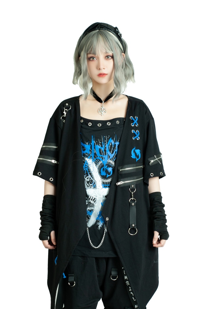 Jillpunkパンクロック エモい 宿命の絆 魚座 重ね着 レースアップ 鎖チェーン 安全ピン付き ゆったり 半袖Tシャツカットソー オリジナル カッコいいメンズ レディー V系 おしゃれ大きいサイズ男女兼用ファッション