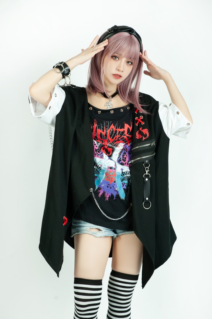 Jillpunkパンクロック エモい 宿命の絆 魚座 重ね着 レースアップ 鎖チェーン 安全ピン付き ゆったり 半袖Tシャツカットソー オリジナル カッコいいメンズ レディー V系 おしゃれ大きいサイズ男女兼用ファッション