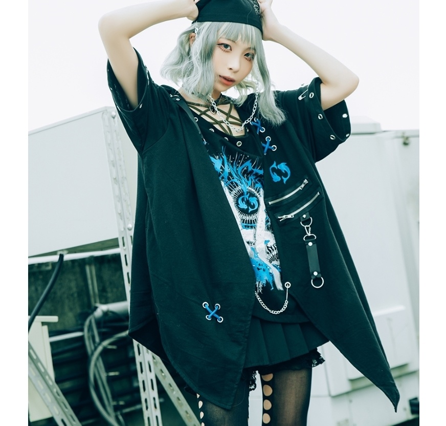 Jillpunkパンクロック エモい 宿命の絆 魚座 重ね着 レースアップ 鎖チェーン 安全ピン付き ゆったり 半袖Tシャツカットソー オリジナル カッコいいメンズ レディー V系 おしゃれ大きいサイズ男女兼用ファッション