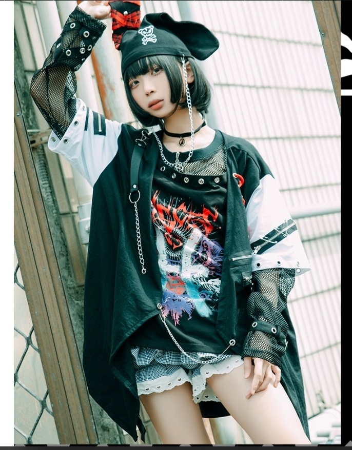 Jillpunkパンクロック エモい 宿命の絆 魚座 重ね着 レースアップ 鎖チェーン 安全ピン付き ゆったり 半袖Tシャツカットソー オリジナル カッコいいメンズ レディー V系 おしゃれ大きいサイズ男女兼用ファッション