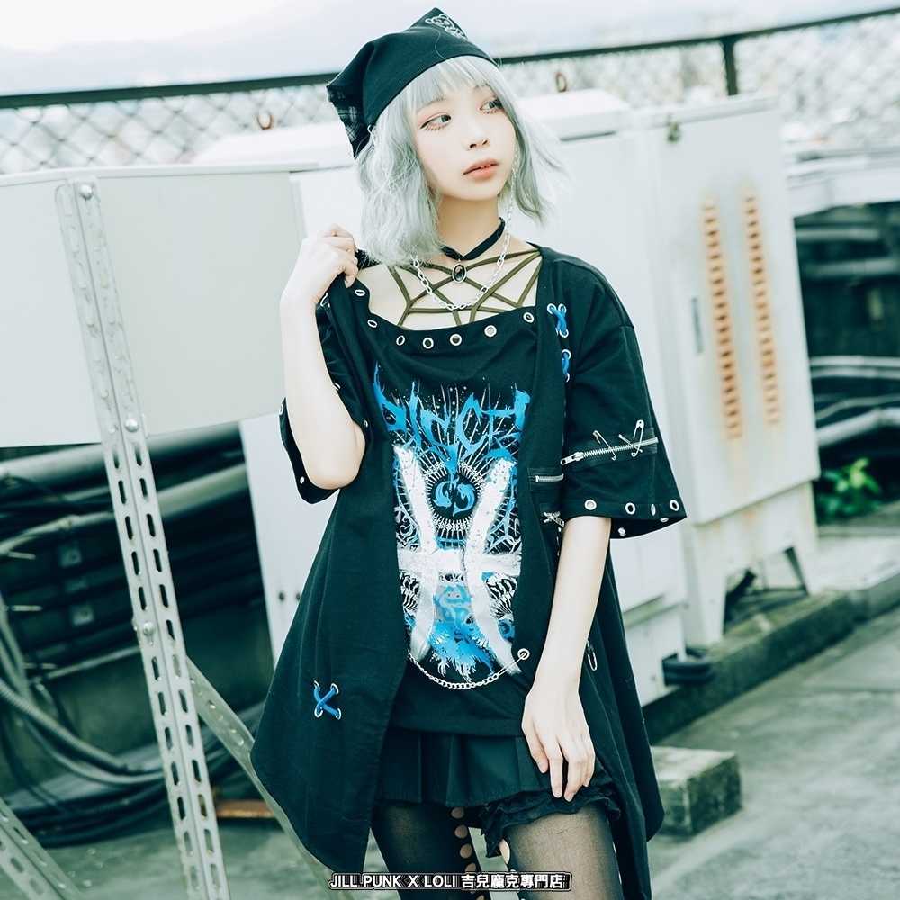 Jillpunkパンクロック エモい 宿命の絆 魚座 重ね着 レースアップ 鎖チェーン 安全ピン付き ゆったり 半袖Tシャツカットソー オリジナル カッコいいメンズ レディー V系 おしゃれ大きいサイズ男女兼用ファッション
