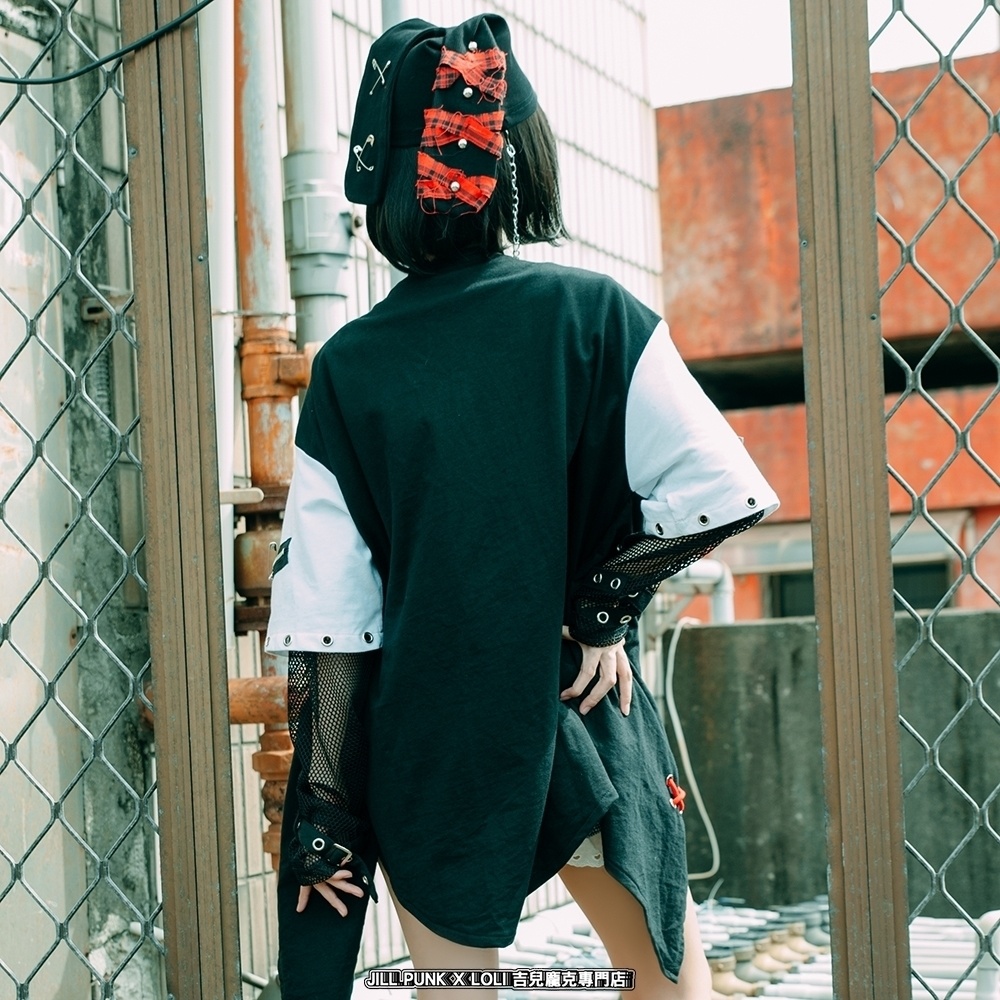 Jillpunkパンクロック エモい 宿命の絆 魚座 重ね着 レースアップ 鎖チェーン 安全ピン付き ゆったり 半袖Tシャツカットソー オリジナル カッコいいメンズ レディー V系 おしゃれ大きいサイズ男女兼用ファッション