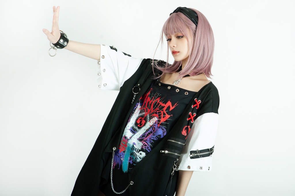 Jillpunkパンクロック エモい 宿命の絆 魚座 重ね着 レースアップ 鎖チェーン 安全ピン付き ゆったり 半袖Tシャツカットソー オリジナル カッコいいメンズ レディー V系 おしゃれ大きいサイズ男女兼用ファッション