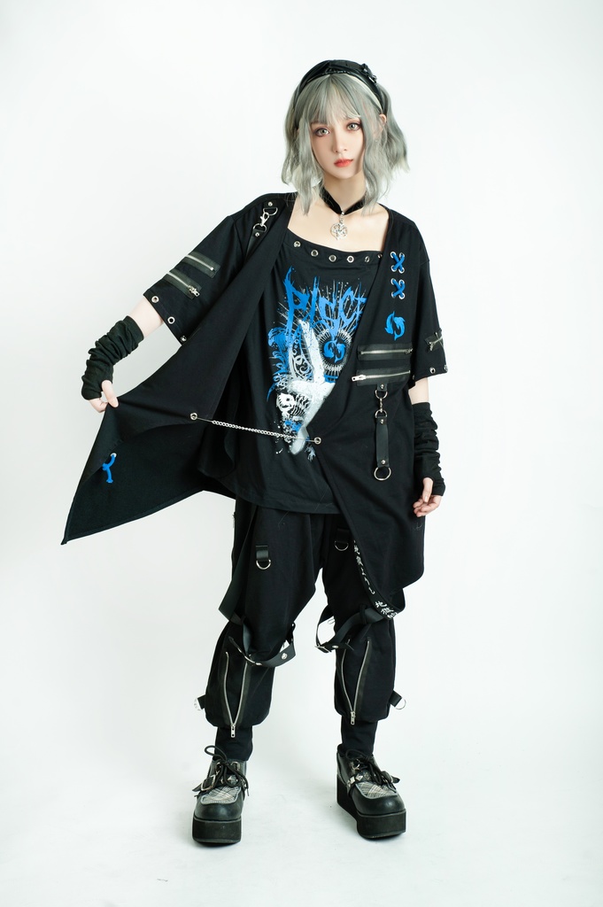 Jillpunkパンクロック エモい 宿命の絆 魚座 重ね着 レースアップ 鎖チェーン 安全ピン付き ゆったり 半袖Tシャツカットソー オリジナル カッコいいメンズ レディー V系 おしゃれ大きいサイズ男女兼用ファッション