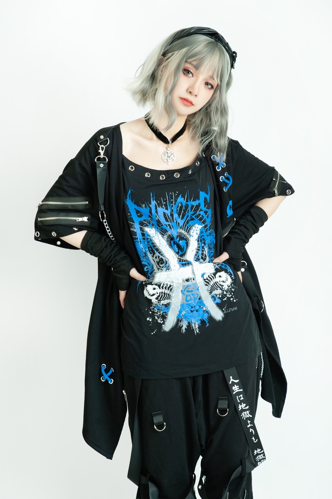 Jillpunkパンクロック エモい 宿命の絆 魚座 重ね着 レースアップ 鎖チェーン 安全ピン付き ゆったり 半袖Tシャツカットソー オリジナル カッコいいメンズ レディー V系 おしゃれ大きいサイズ男女兼用ファッション