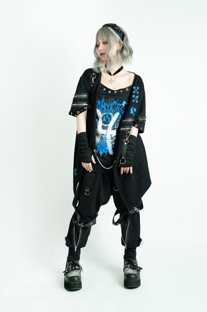 Jillpunkパンクロック エモい 宿命の絆 魚座 重ね着 レースアップ 鎖チェーン 安全ピン付き ゆったり 半袖Tシャツカットソー オリジナル カッコいいメンズ レディー V系 おしゃれ大きいサイズ男女兼用ファッション