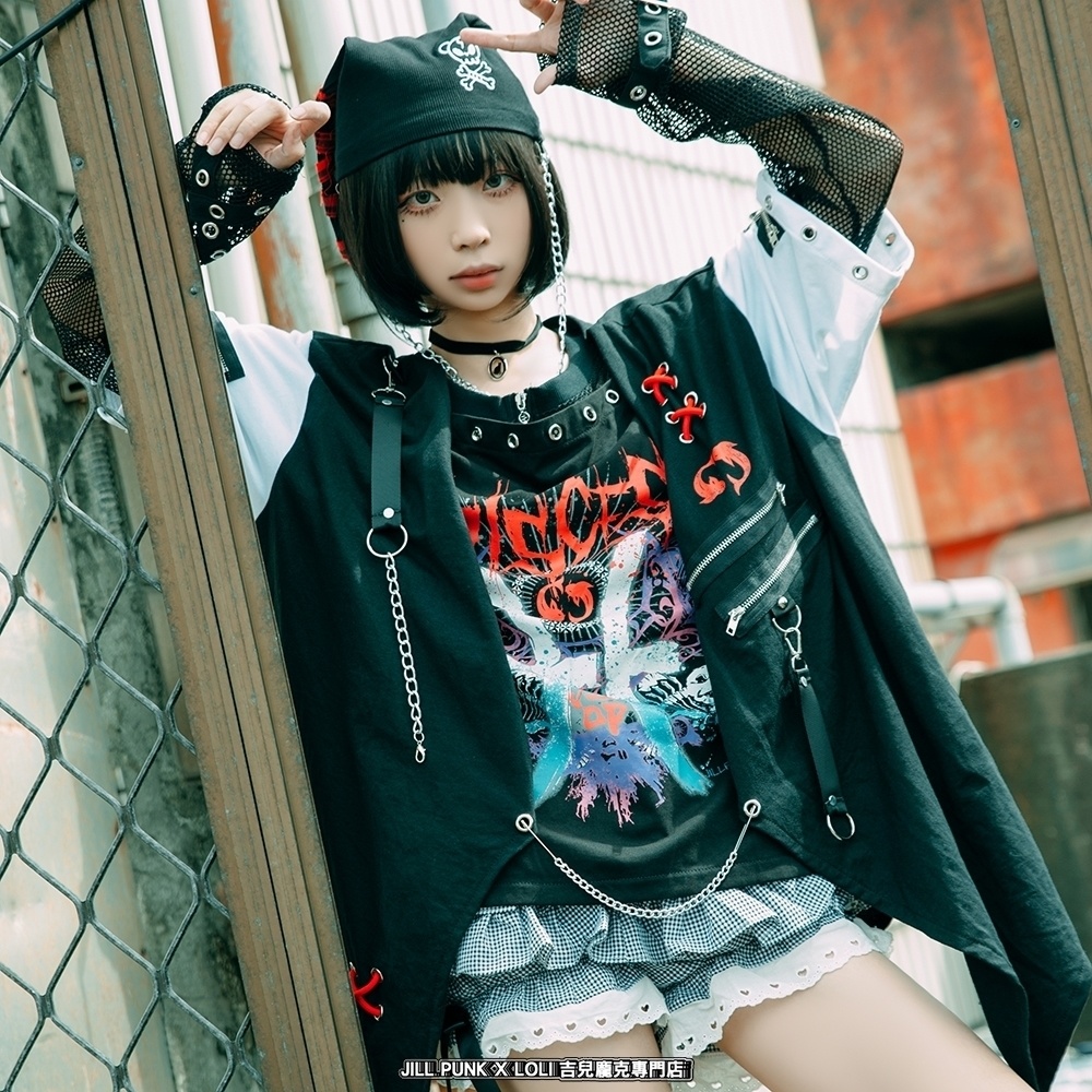 Jillpunkパンクロック エモい 宿命の絆 魚座 重ね着 レースアップ 鎖チェーン 安全ピン付き ゆったり 半袖Tシャツカットソー オリジナル カッコいいメンズ レディー V系 おしゃれ大きいサイズ男女兼用ファッション