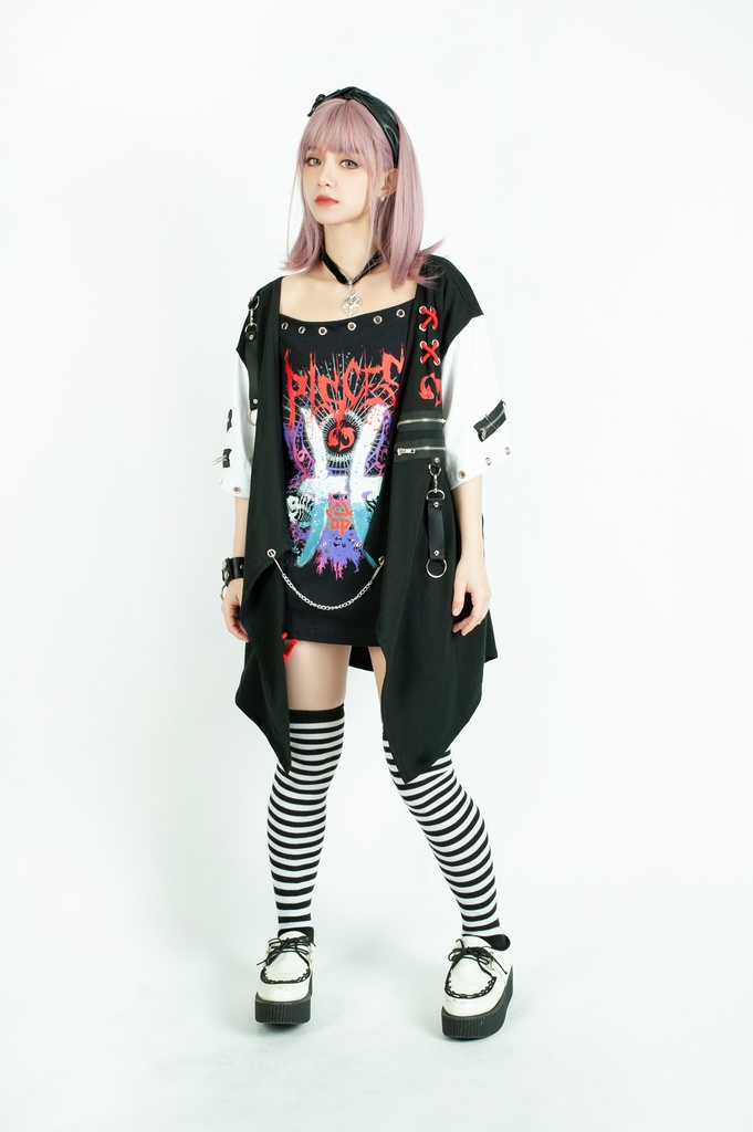 Jillpunkパンクロック エモい 宿命の絆 魚座 重ね着 レースアップ 鎖チェーン 安全ピン付き ゆったり 半袖Tシャツカットソー オリジナル カッコいいメンズ レディー V系 おしゃれ大きいサイズ男女兼用ファッション