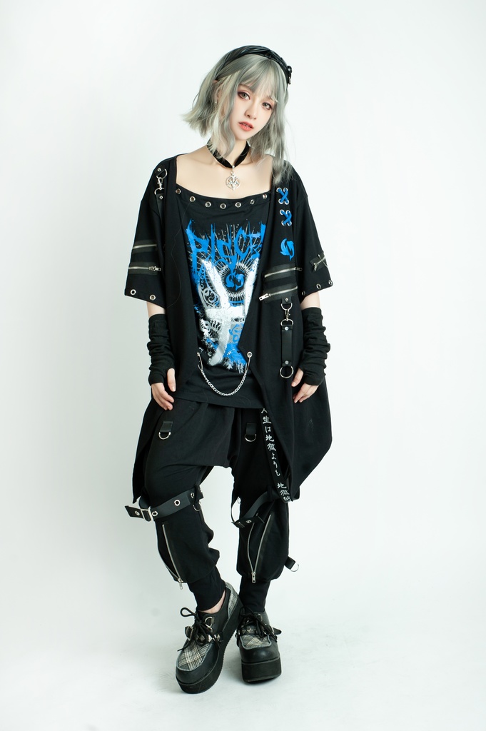 Jillpunkパンクロック エモい 宿命の絆 魚座 重ね着 レースアップ 鎖チェーン 安全ピン付き ゆったり 半袖Tシャツカットソー オリジナル カッコいいメンズ レディー V系 おしゃれ大きいサイズ男女兼用ファッション