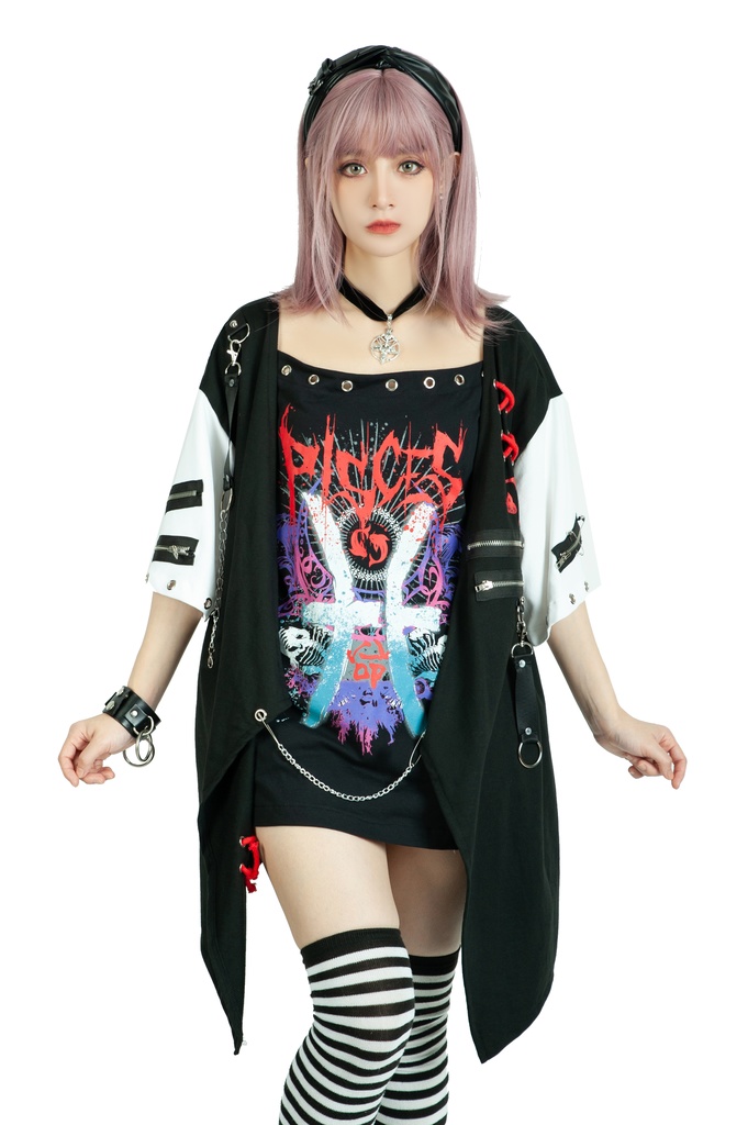 Jillpunkパンクロック エモい 宿命の絆 魚座 重ね着 レースアップ 鎖チェーン 安全ピン付き ゆったり 半袖Tシャツカットソー オリジナル カッコいいメンズ レディー V系 おしゃれ大きいサイズ男女兼用ファッション