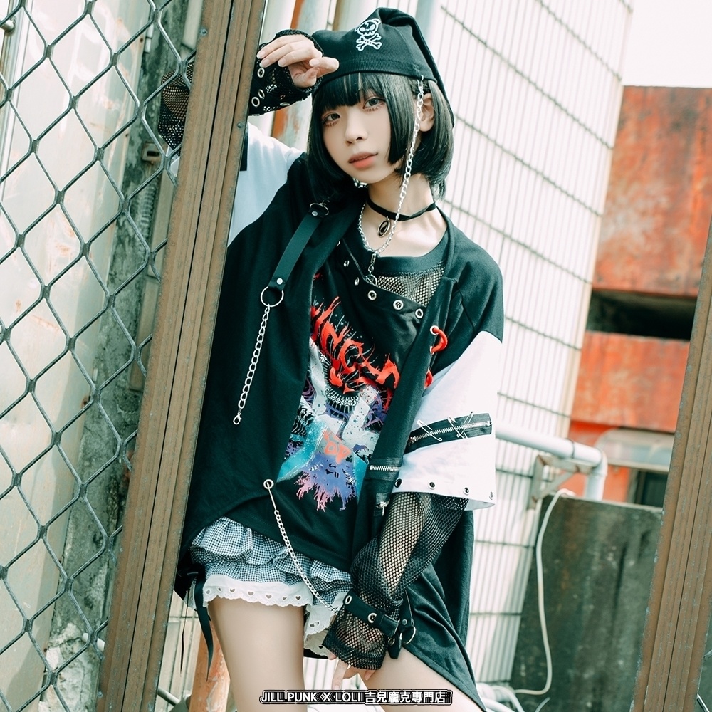 Jillpunkパンクロック エモい 宿命の絆 魚座 重ね着 レースアップ 鎖チェーン 安全ピン付き ゆったり 半袖Tシャツカットソー オリジナル カッコいいメンズ レディー V系 おしゃれ大きいサイズ男女兼用ファッション