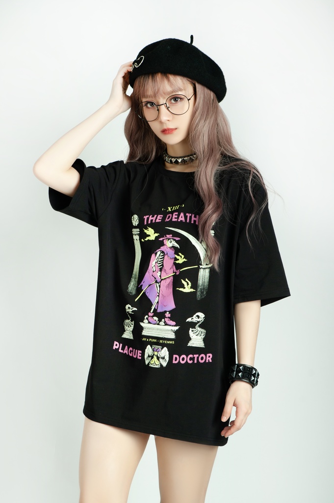 Jillpunk台湾画師三目道具屋コラボ クール系 パンクロック ダーク タロット死神 ペスト医師 ゆったり 半袖 Tシャツ 男女兼用 レディース メンズ かっこいい オリジナル おしゃれ