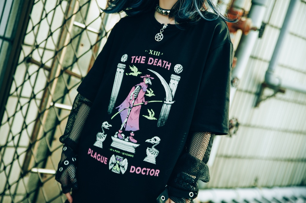 Jillpunk台湾画師三目道具屋コラボ クール系 パンクロック ダーク タロット死神 ペスト医師 ゆったり 半袖 Tシャツ 男女兼用 レディース メンズ かっこいい オリジナル おしゃれ