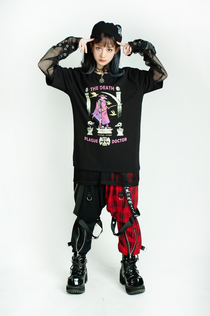 Jillpunk台湾画師三目道具屋コラボ クール系 パンクロック ダーク タロット死神 ペスト医師 ゆったり 半袖 Tシャツ 男女兼用 レディース メンズ かっこいい オリジナル おしゃれ