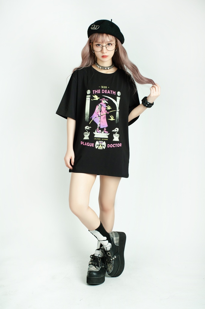 Jillpunk台湾画師三目道具屋コラボ クール系 パンクロック ダーク タロット死神 ペスト医師 ゆったり 半袖 Tシャツ 男女兼用 レディース メンズ かっこいい オリジナル おしゃれ