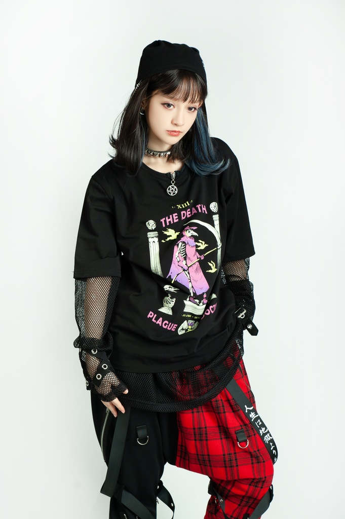 Jillpunk台湾画師三目道具屋コラボ クール系 パンクロック ダーク タロット死神 ペスト医師 ゆったり 半袖 Tシャツ 男女兼用 レディース メンズ かっこいい オリジナル おしゃれ