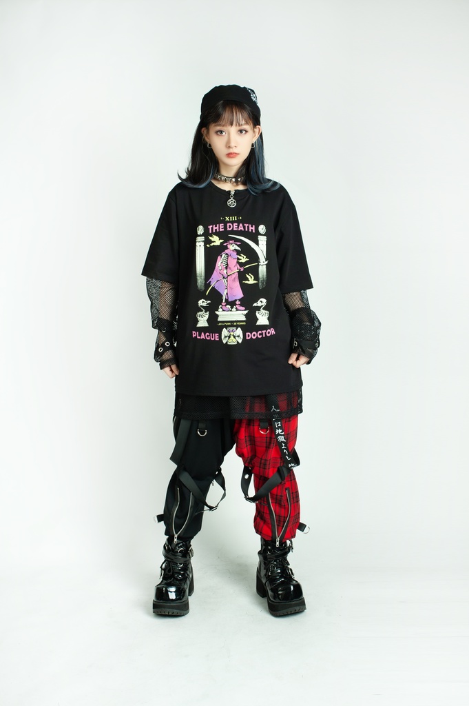 Jillpunk台湾画師三目道具屋コラボ クール系 パンクロック ダーク タロット死神 ペスト医師 ゆったり 半袖 Tシャツ 男女兼用 レディース メンズ かっこいい オリジナル おしゃれ