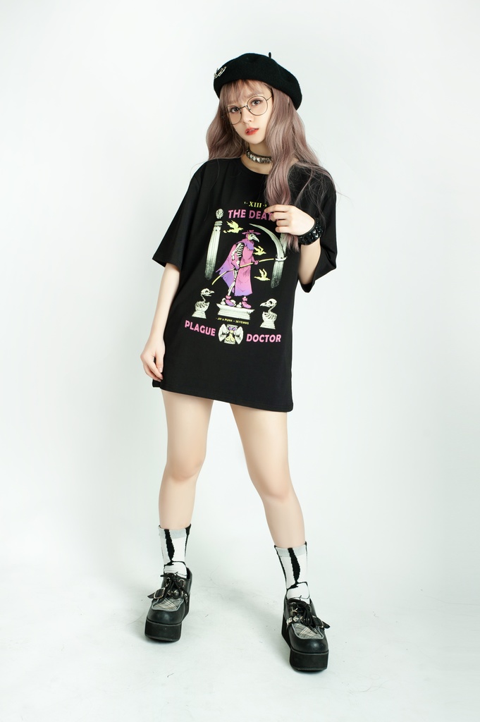 Jillpunk台湾画師三目道具屋コラボ クール系 パンクロック ダーク タロット死神 ペスト医師 ゆったり 半袖 Tシャツ 男女兼用 レディース メンズ かっこいい オリジナル おしゃれ