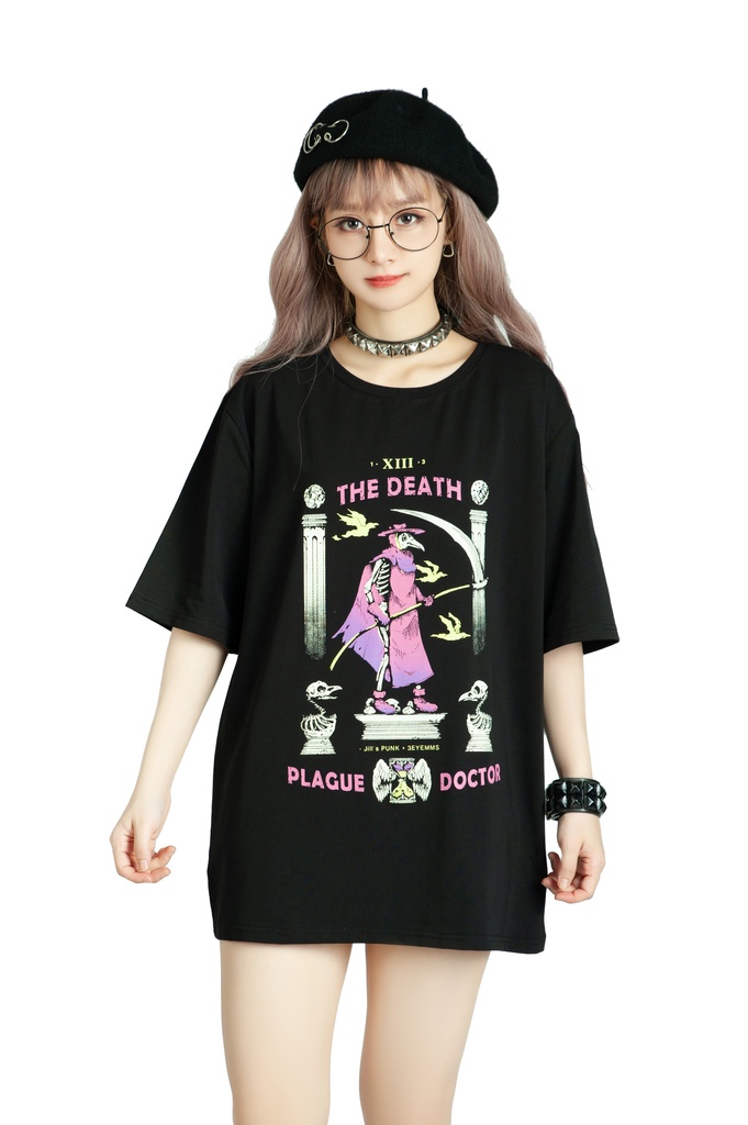 Jillpunk台湾画師三目道具屋コラボ クール系 パンクロック ダーク タロット死神 ペスト医師 ゆったり 半袖 Tシャツ 男女兼用 レディース メンズ かっこいい オリジナル おしゃれ