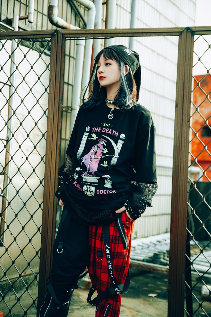 Jillpunk台湾画師三目道具屋コラボ クール系 パンクロック ダーク タロット死神 ペスト医師 ゆったり 半袖 Tシャツ 男女兼用 レディース メンズ かっこいい オリジナル おしゃれ