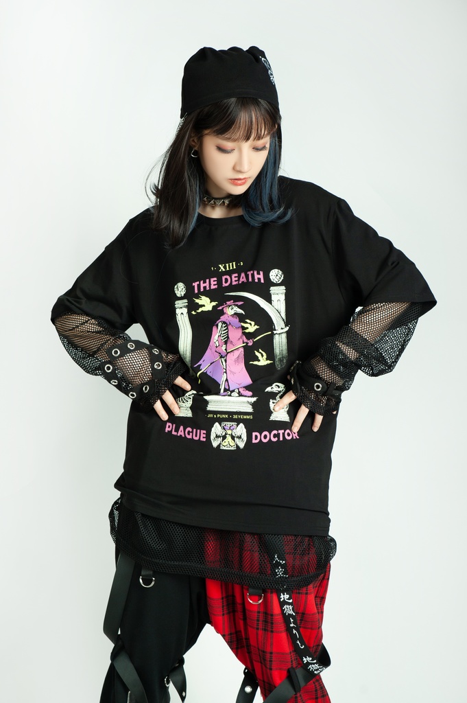 Jillpunk台湾画師三目道具屋コラボ クール系 パンクロック ダーク タロット死神 ペスト医師 ゆったり 半袖 Tシャツ 男女兼用 レディース メンズ かっこいい オリジナル おしゃれ