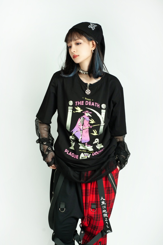 Jillpunk台湾画師三目道具屋コラボ クール系 パンクロック ダーク タロット死神 ペスト医師 ゆったり 半袖 Tシャツ 男女兼用 レディース メンズ かっこいい オリジナル おしゃれ