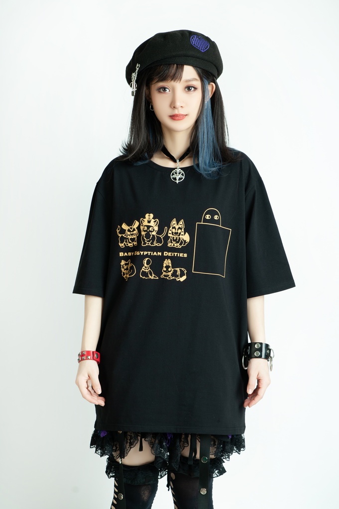 Jillpunk芝麻コラボアニメ 可愛い お宅 ニ次コン エジプト神話ベビー家族チーム マスコットモチーフプリント Oversizeオーバーサイズ 半袖 Tシャツ オリジナル メンズ レディーズ おしゃれ 男女兼用 ファッション 秋葉系