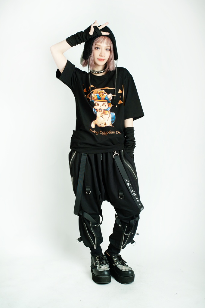 Jillpunk芝麻コラボアニメ 可愛い お宅 ニ次コン エジプト神話ベビー家族チーム マスコットモチーフプリント Oversizeオーバーサイズ 半袖 Tシャツ オリジナル メンズ レディーズ おしゃれ 男女兼用 ファッション 秋葉系