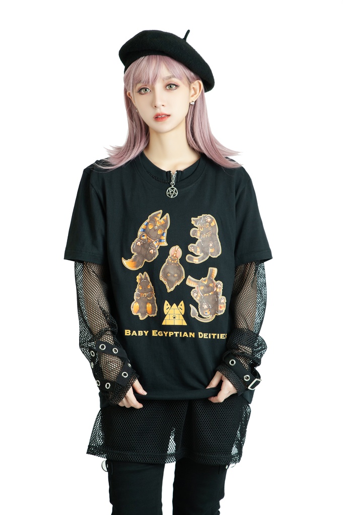 Jillpunk芝麻コラボアニメ 可愛い お宅 ニ次コン エジプト神話ベビー家族チーム マスコットモチーフプリント Oversizeオーバーサイズ 半袖 Tシャツ オリジナル メンズ レディーズ おしゃれ 男女兼用 ファッション 秋葉系