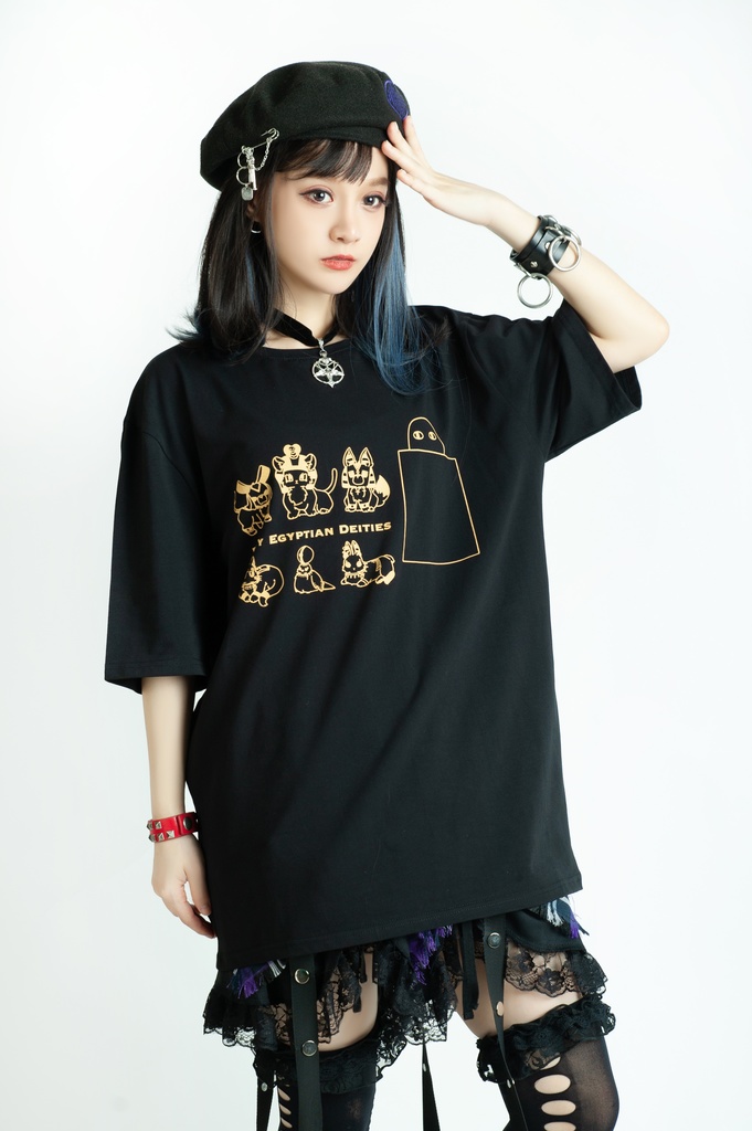 Jillpunk芝麻コラボアニメ 可愛い お宅 ニ次コン エジプト神話ベビー家族チーム マスコットモチーフプリント Oversizeオーバーサイズ 半袖 Tシャツ オリジナル メンズ レディーズ おしゃれ 男女兼用 ファッション 秋葉系