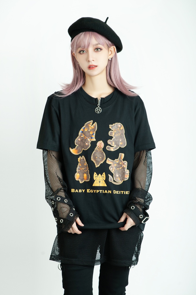 Jillpunk芝麻コラボアニメ 可愛い お宅 ニ次コン エジプト神話ベビー家族チーム マスコットモチーフプリント Oversizeオーバーサイズ 半袖 Tシャツ オリジナル メンズ レディーズ おしゃれ 男女兼用 ファッション 秋葉系