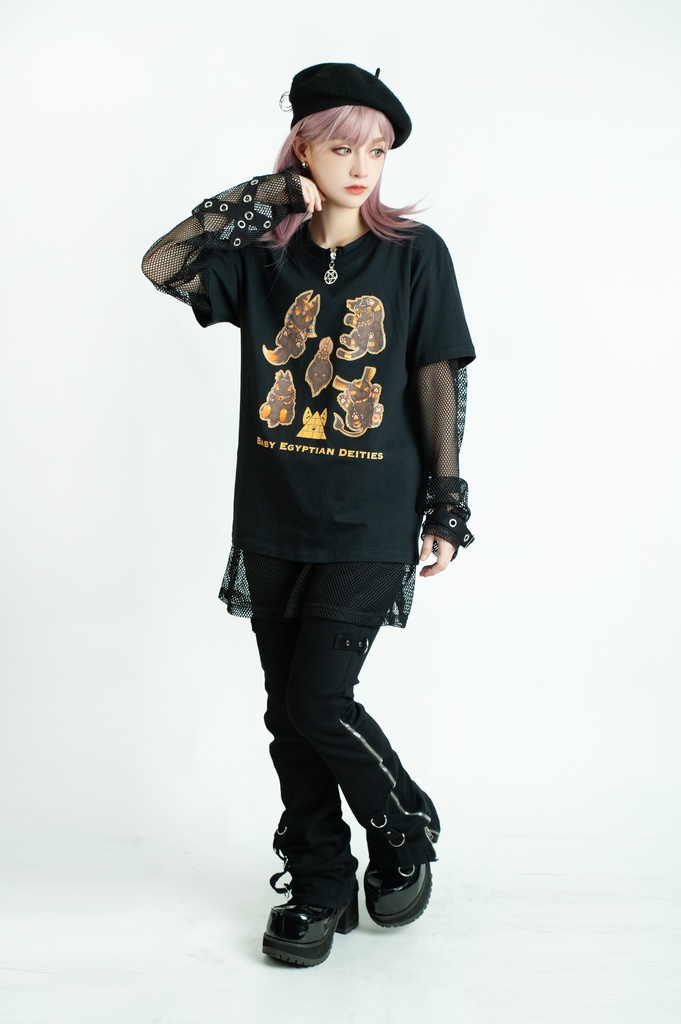 Jillpunk芝麻コラボアニメ 可愛い お宅 ニ次コン エジプト神話ベビー家族チーム マスコットモチーフプリント Oversizeオーバーサイズ 半袖 Tシャツ オリジナル メンズ レディーズ おしゃれ 男女兼用 ファッション 秋葉系