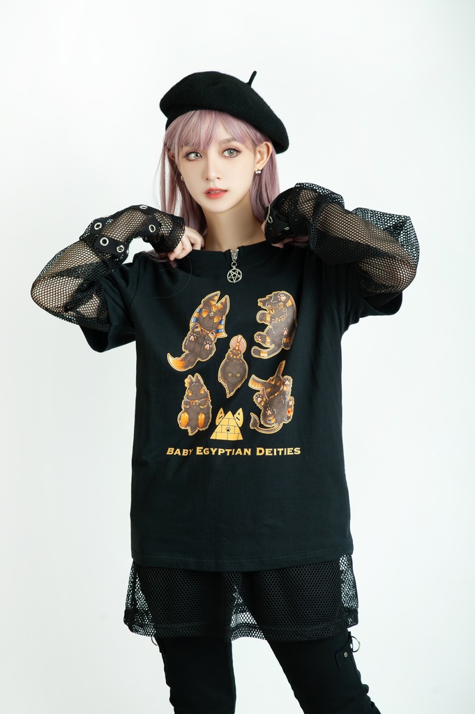 Jillpunk芝麻コラボアニメ 可愛い お宅 ニ次コン エジプト神話ベビー家族チーム マスコットモチーフプリント Oversizeオーバーサイズ 半袖 Tシャツ オリジナル メンズ レディーズ おしゃれ 男女兼用 ファッション 秋葉系