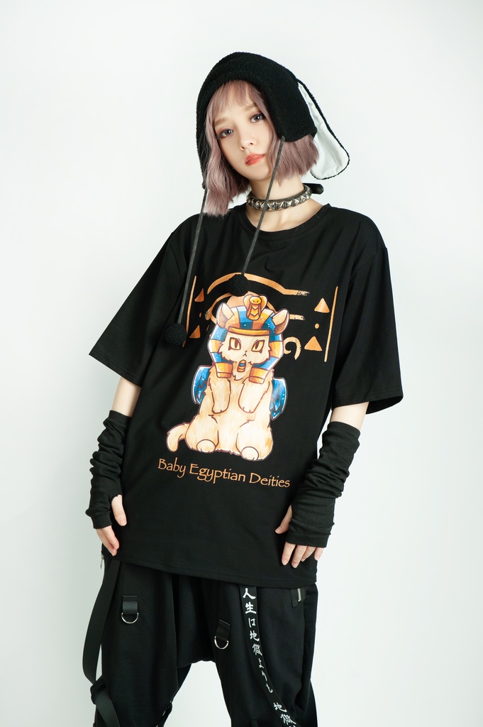 Jillpunk芝麻コラボアニメ 可愛い お宅 ニ次コン エジプト神話ベビー家族チーム マスコットモチーフプリント Oversizeオーバーサイズ 半袖 Tシャツ オリジナル メンズ レディーズ おしゃれ 男女兼用 ファッション 秋葉系