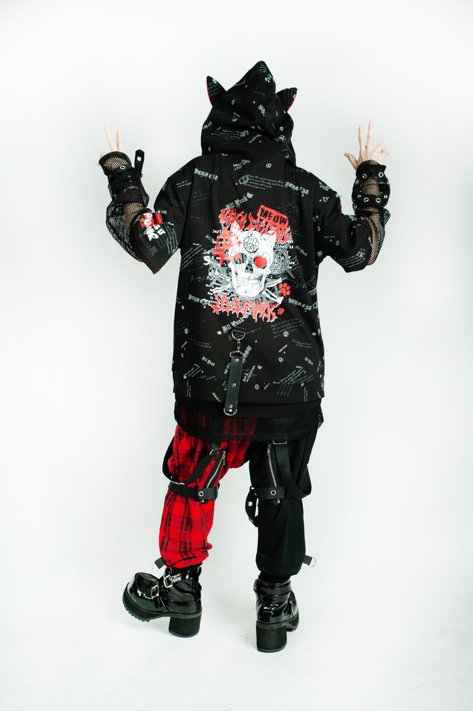 Jillpunk エモパンク 王道パンク 野良猫 鉄の輪 しっぽ付き ゆったり 猫耳 半袖パーカー フード付きジャケット かわいい 猫系 オリジナル おしゃれ男女兼用ファッション メンズ レディース