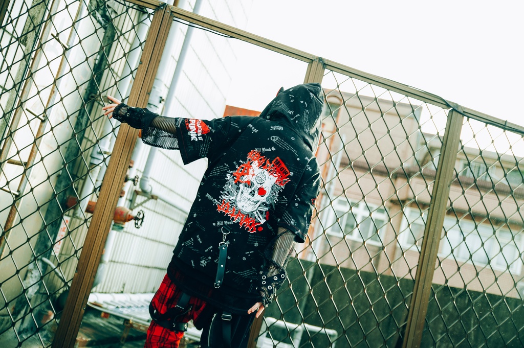 Jillpunk エモパンク 王道パンク 野良猫 鉄の輪 しっぽ付き ゆったり 猫耳 半袖パーカー フード付きジャケット かわいい 猫系 オリジナル おしゃれ男女兼用ファッション メンズ レディース