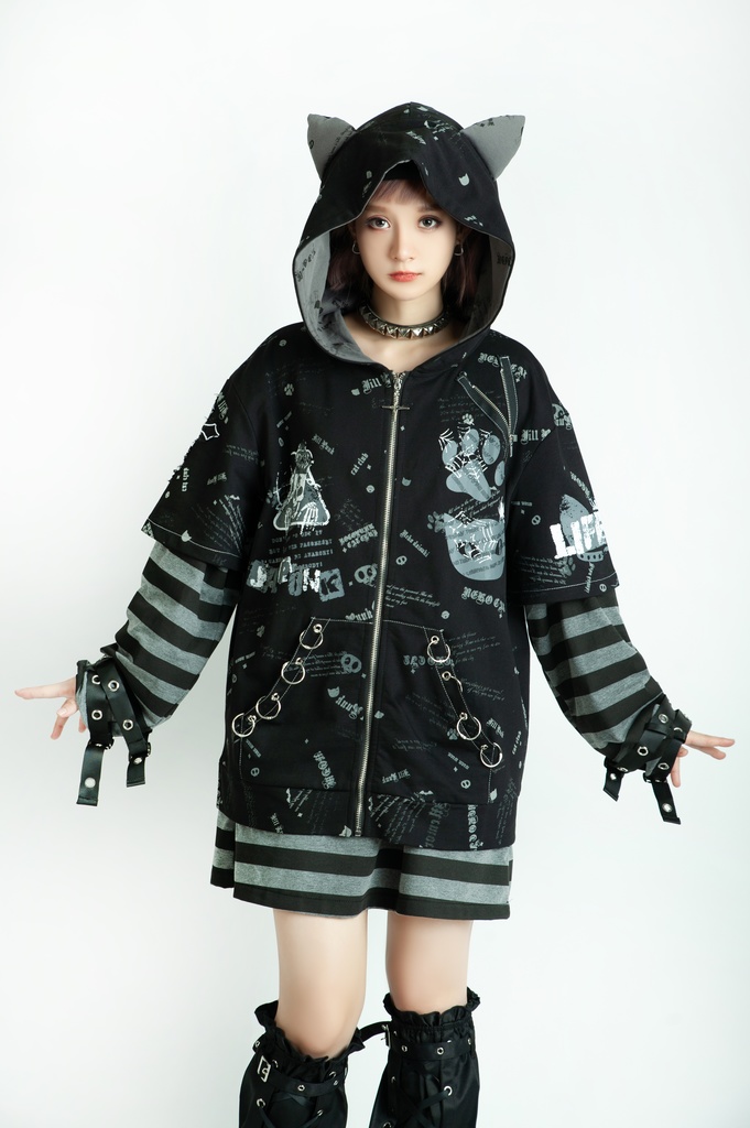 Jillpunk エモパンク 王道パンク 野良猫 鉄の輪 しっぽ付き ゆったり 猫耳 半袖パーカー フード付きジャケット かわいい 猫系 オリジナル おしゃれ男女兼用ファッション メンズ レディース