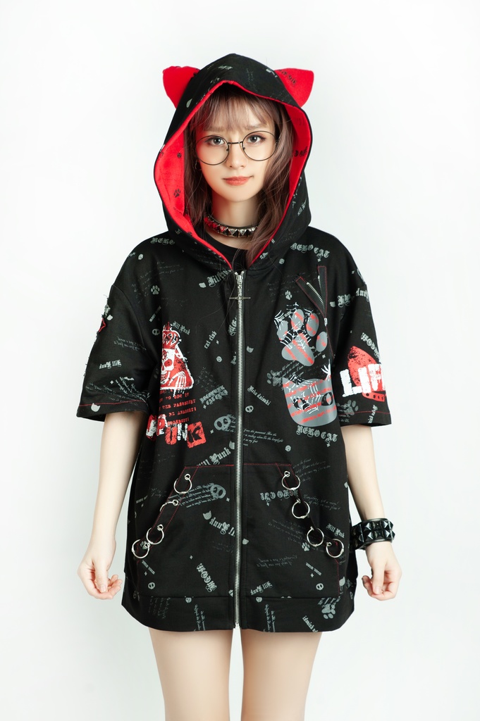 Jillpunk エモパンク 王道パンク 野良猫 鉄の輪 しっぽ付き ゆったり 猫耳 半袖パーカー フード付きジャケット かわいい 猫系 オリジナル おしゃれ男女兼用ファッション メンズ レディース