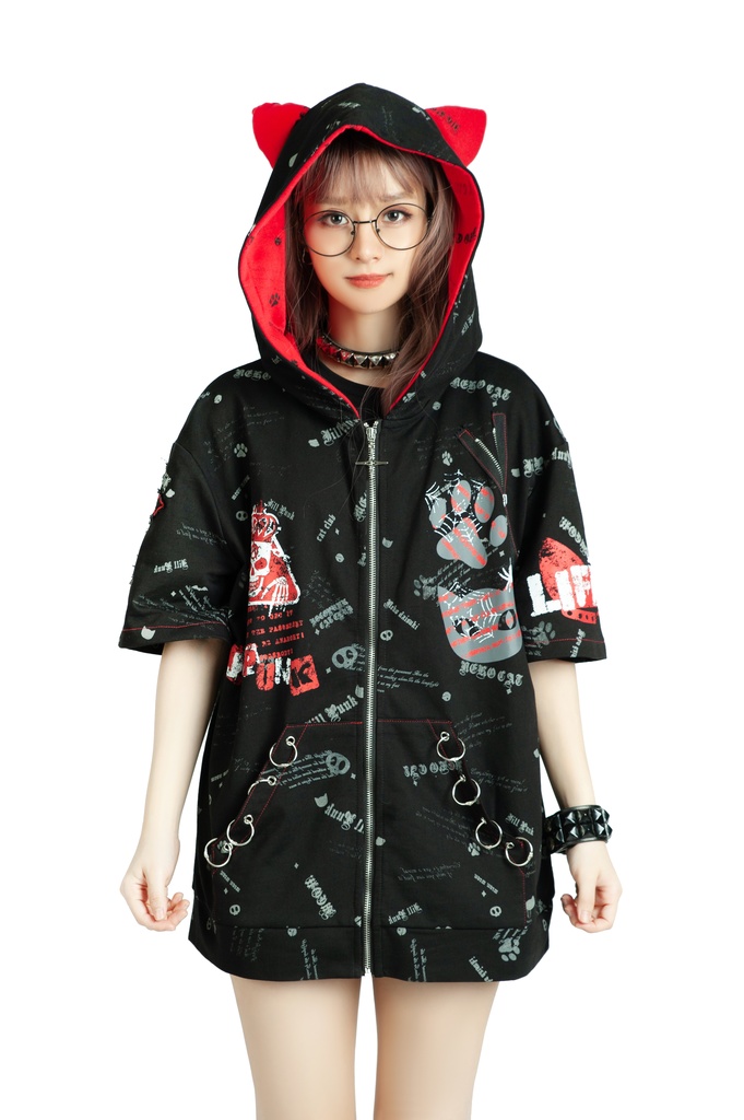 Jillpunk エモパンク 王道パンク 野良猫 鉄の輪 しっぽ付き ゆったり 猫耳 半袖パーカー フード付きジャケット かわいい 猫系 オリジナル おしゃれ男女兼用ファッション メンズ レディース