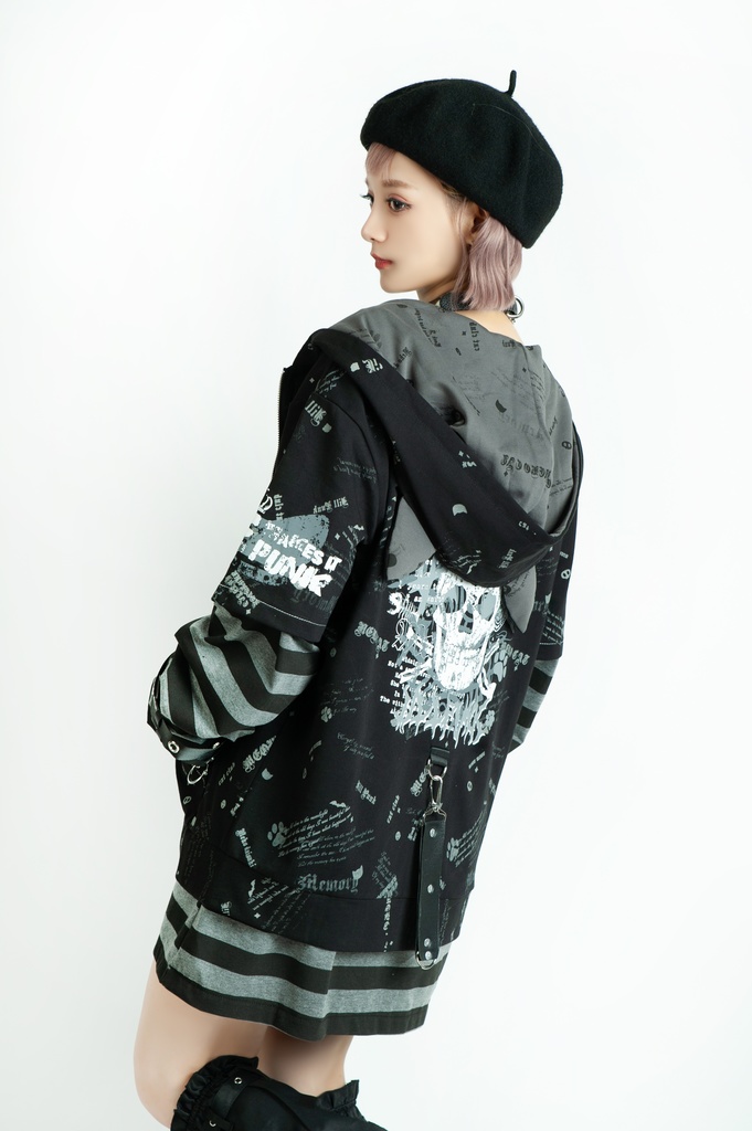 Jillpunk エモパンク 王道パンク 野良猫 鉄の輪 しっぽ付き ゆったり 猫耳 半袖パーカー フード付きジャケット かわいい 猫系 オリジナル おしゃれ男女兼用ファッション メンズ レディース